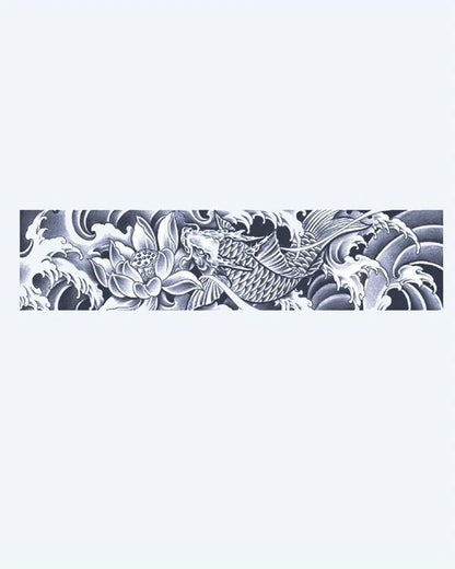 Koi Fish & Lotus Waves semi-permanent tattoo design by INKON – japanese, horizontal, band, fish, swimming illustration, 2 x 9 in (5x23cm), available at inkon.co
