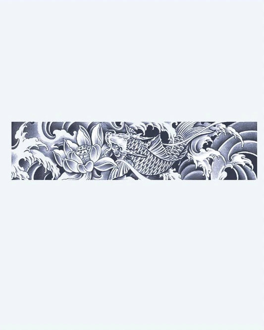 Koi Fish & Lotus Waves semi-permanent tattoo design by INKON – japanese, horizontal, band, fish, swimming illustration, 2 x 9 in (5x23cm), available at inkon.co