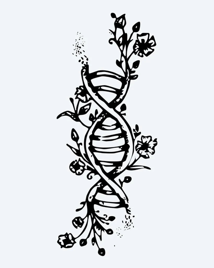 Floral DNA Helix semi-permanent tattoo design by INKON – creative, double, helix, intertwined, flowers illustration, 3 x 4 in (6x11cm), available at inkon.co