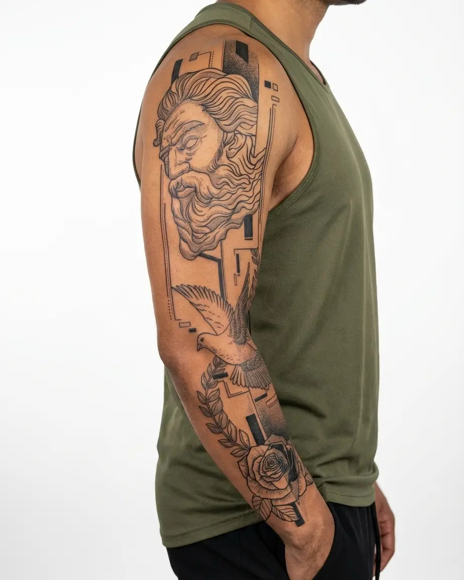 INKON Greek God, Dove & Rose semi-permanent tattoo applied on a man – 8 x 20 in (20x50cm) design, realistic ink look, lasts 10 days