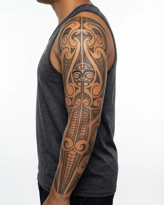 INKON Maori Tiki Full Sleeve semi-permanent tattoo applied on a man – 8 x 20 in (20x50cm) design, realistic ink look, lasts 10 days