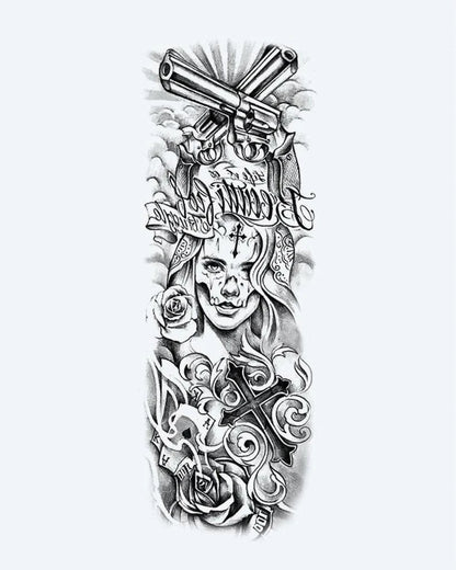 Chicano Woman & Revolvers semi-permanent tattoo design by INKON – chicano, full, sleeve, woman, face illustration, 8 x 20 in (20x50cm), available at inkon.co