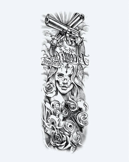 Chicano Woman & Revolvers semi-permanent tattoo design by INKON – chicano, full, sleeve, woman, face illustration, 8 x 20 in (20x50cm), available at inkon.co