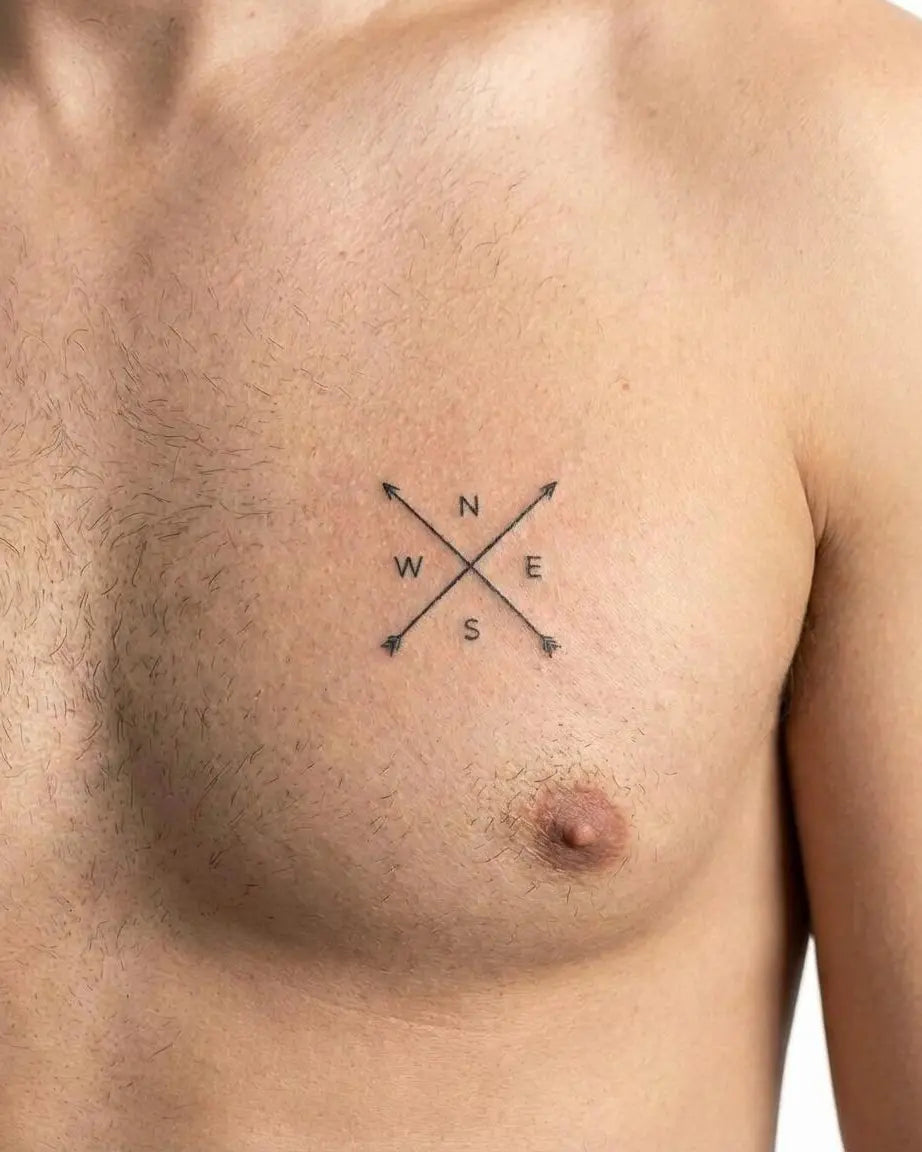 INKON Compass Arrows semi-permanent tattoo applied on a man – 2 x 2 in (5x5cm) design, realistic ink look, lasts 10 days