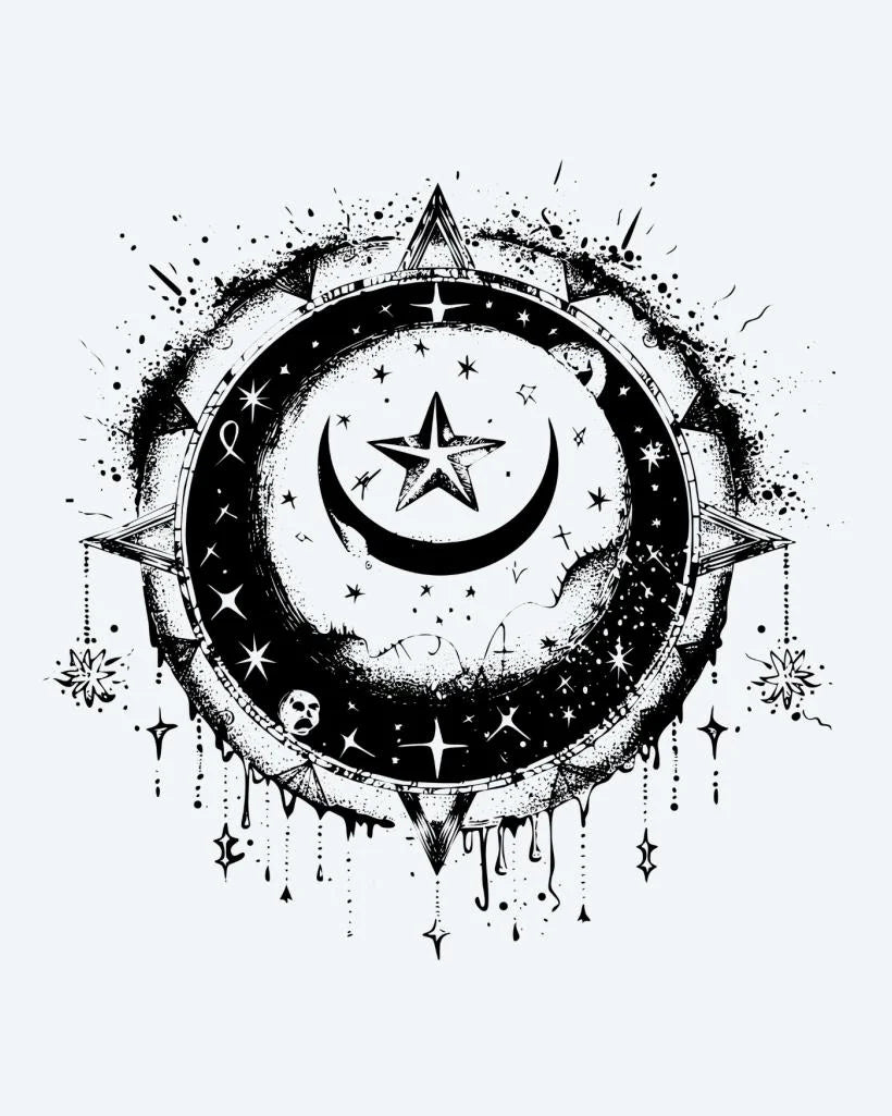 Celestial Moon & Star semi-permanent tattoo design by INKON – stunning, celestial, crescent, moon, star illustration, 3 x 4 in (7x10cm), available at inkon.co