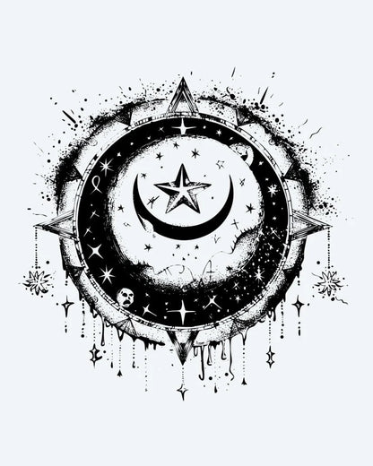 Celestial Moon & Star semi-permanent tattoo design by INKON – stunning, celestial, crescent, moon, star illustration, 3 x 4 in (7x10cm), available at inkon.co