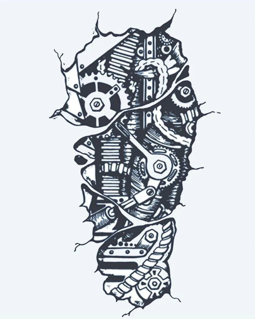 Biomechanical Gears semi-permanent tattoo design by INKON – ripped, skin, biomechanical, revealing, gears illustration, 4 x 7 in (10x17cm), available at inkon.co