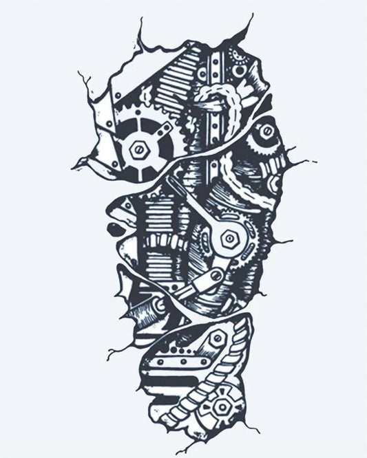 Biomechanical Gears semi-permanent tattoo design by INKON – ripped, skin, biomechanical, revealing, gears illustration, 4 x 7 in (10x17cm), available at inkon.co
