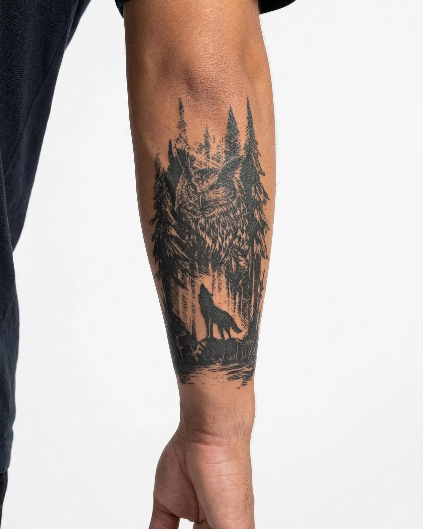 INKON Forest Owl & Wolf semi-permanent tattoo applied on a man – 4 x 7 in (10x17cm) design, realistic ink look, lasts 10 days