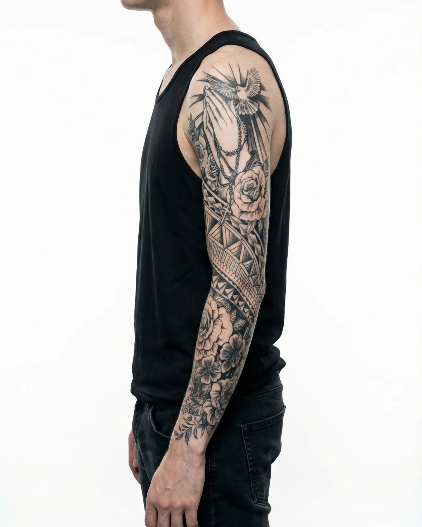 INKON Praying Hands, Dove & Roses semi-permanent tattoo applied on a man – 8 x 20 in (20x50cm) design, realistic ink look, lasts 10 days