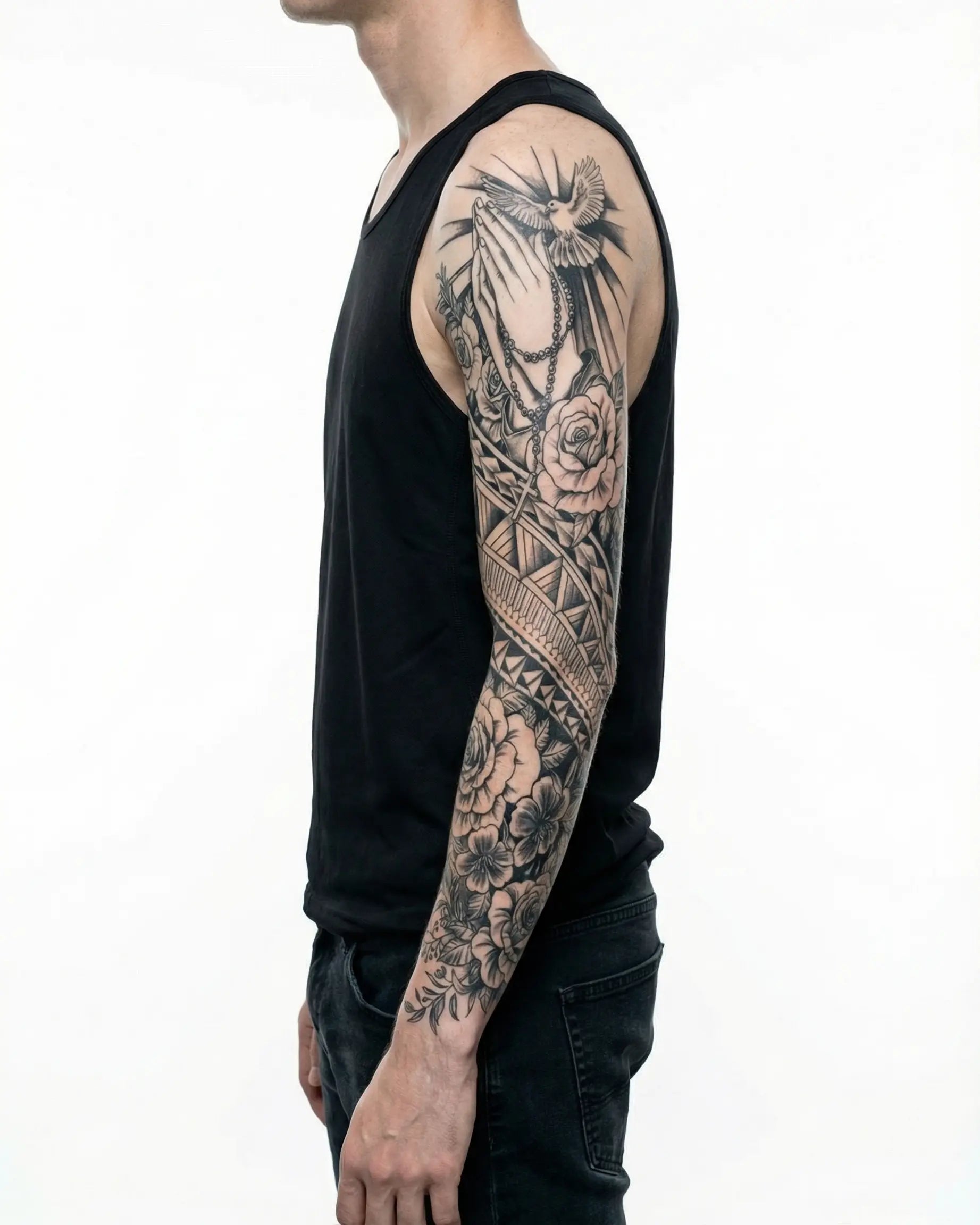 INKON Praying Hands, Dove & Roses semi-permanent tattoo applied on a man – 8 x 20 in (20x50cm) design, realistic ink look, lasts 10 days
