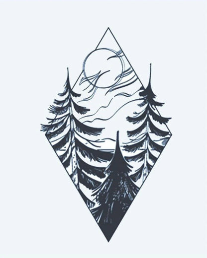 Forest Diamond semi-permanent tattoo design by INKON – scenic, pine, trees, full, moon illustration, 3 x 4 in (7x10cm), available at inkon.co