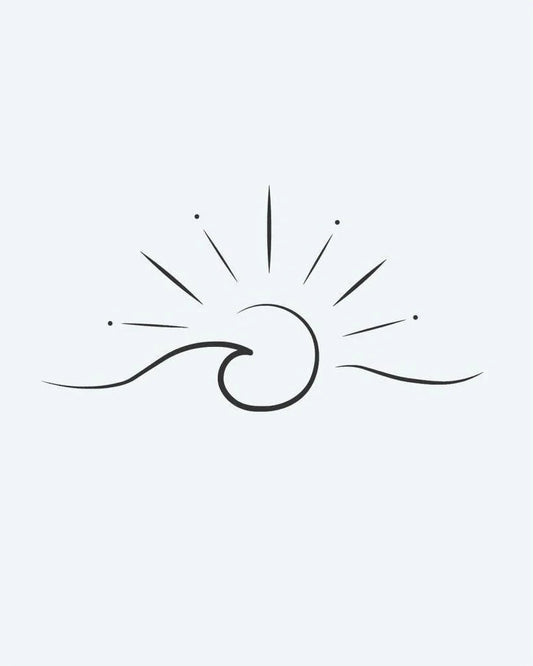 Wave & Sunshine semi-permanent tattoo design by INKON – ocean, wave, curling, beneath, rays illustration, 2 x 2 in (5x5cm), available at inkon.co