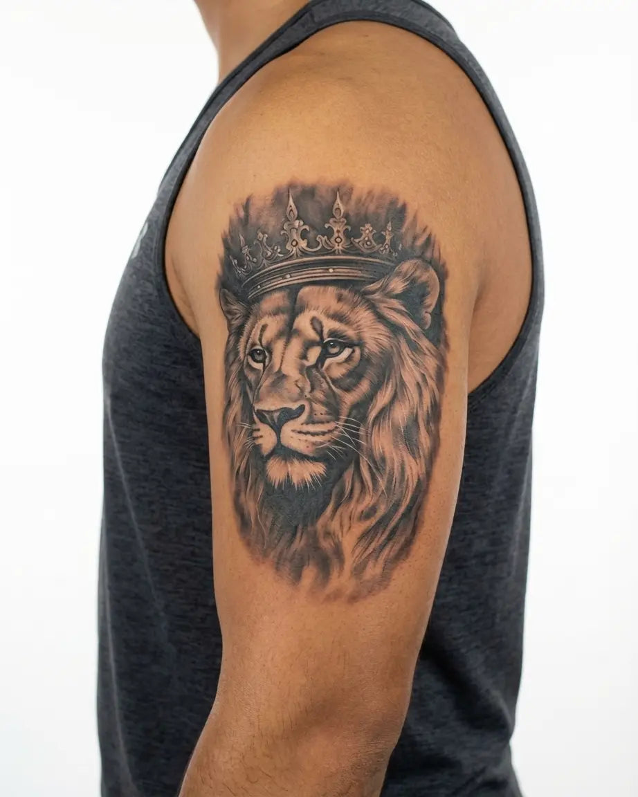INKON Crowned Lion 2 semi-permanent tattoo applied on a man – 4 x 8 in (11x21cm) design, realistic ink look, lasts 10 days