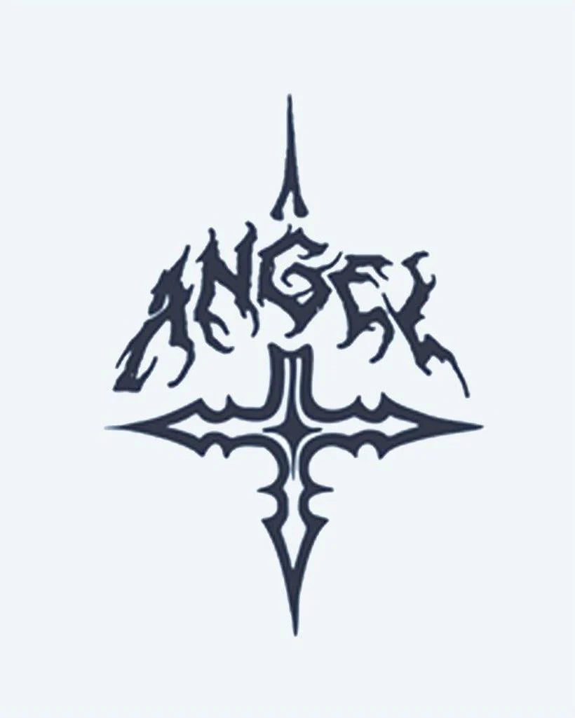Angel Gothic Cross semi-permanent tattoo design by INKON – gothic, lettering, spelling, angel, above illustration, 2 x 2 in (5x5cm), available at inkon.co
