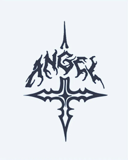 Angel Gothic Cross semi-permanent tattoo design by INKON – gothic, lettering, spelling, angel, above illustration, 2 x 2 in (5x5cm), available at inkon.co