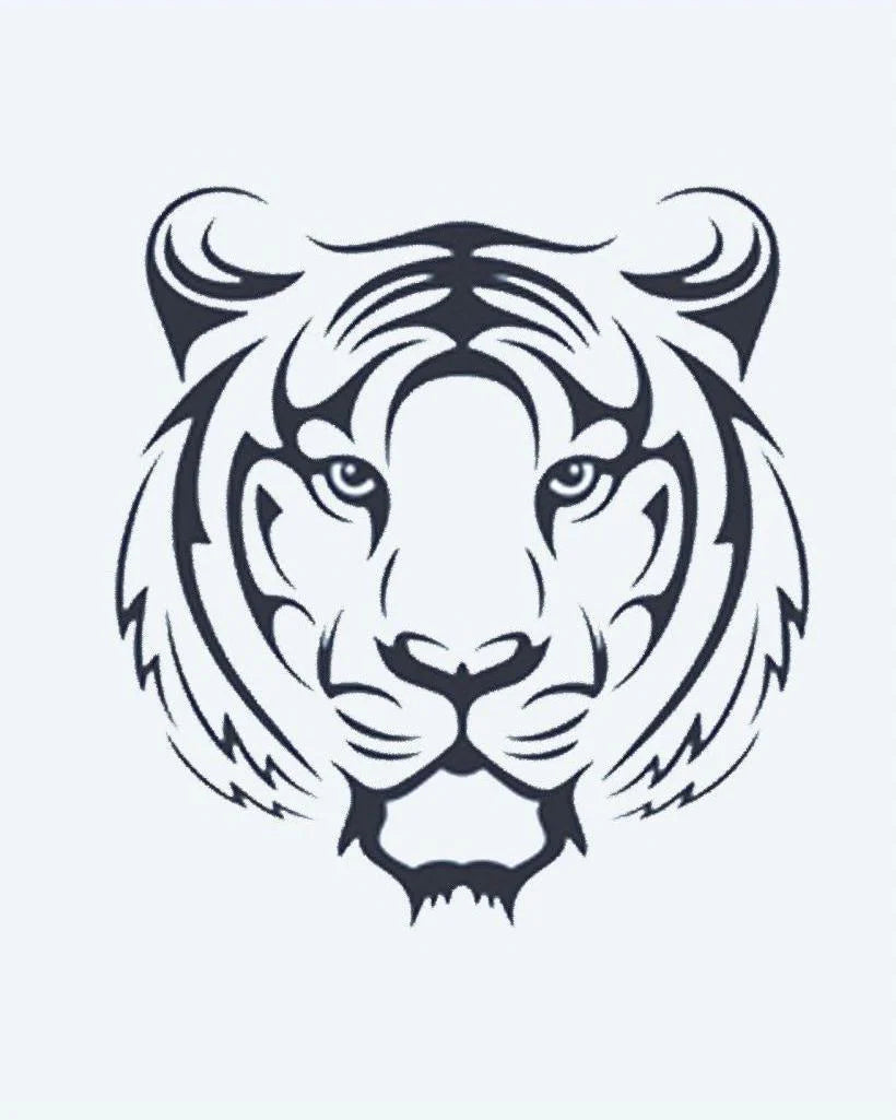Tiger Face semi-permanent tattoo design by INKON – frontal, tiger, face, tribal, lines illustration, 2 x 2 in (5x5cm), available at inkon.co
