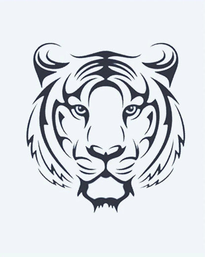 Tiger Face semi-permanent tattoo design by INKON – frontal, tiger, face, tribal, lines illustration, 2 x 2 in (5x5cm), available at inkon.co