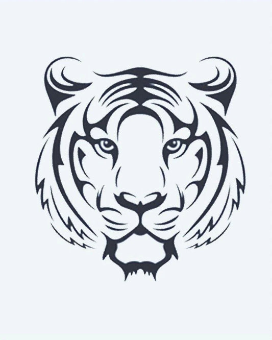 Tiger Face semi-permanent tattoo design by INKON – frontal, tiger, face, tribal, lines illustration, 2 x 2 in (5x5cm), available at inkon.co
