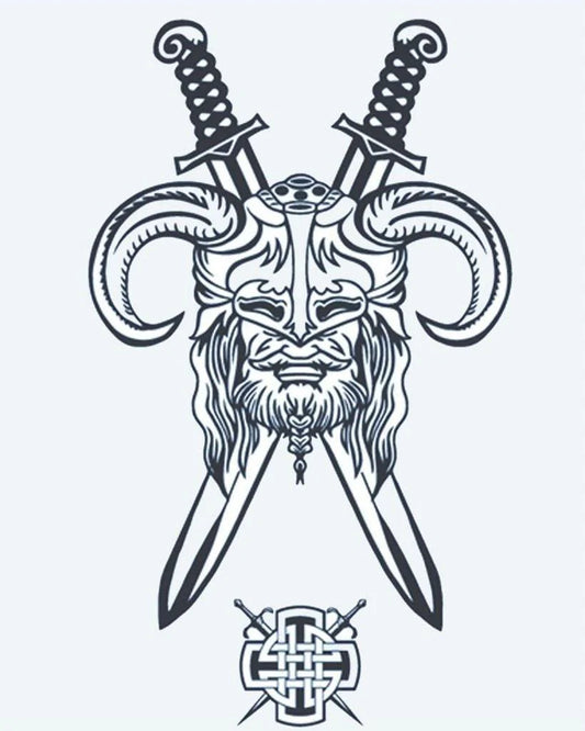 Viking Warrior & Swords semi-permanent tattoo design by INKON – horned, viking, warrior, face, long illustration, 4 x 7 in (10x17cm), available at inkon.co