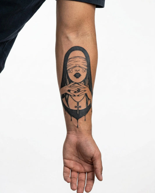 INKON Blindfolded Nun semi-permanent tattoo applied on a man – 4 x 7 in (10x17cm) design, realistic ink look, lasts 10 days