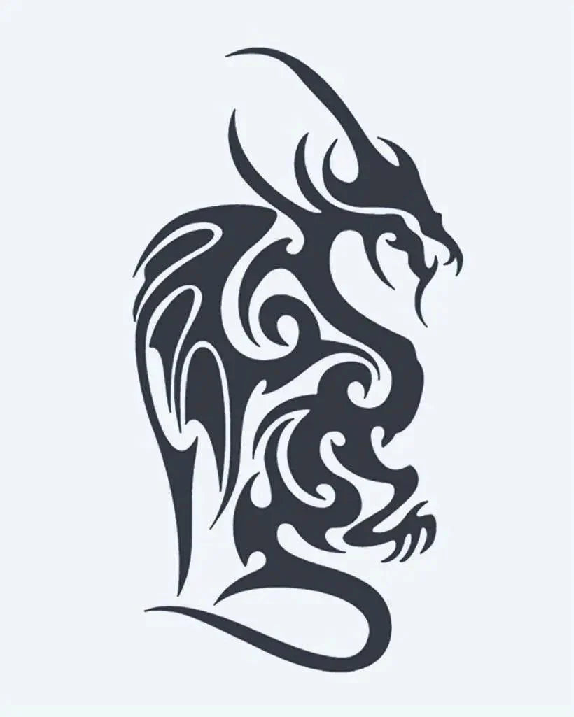 Winged Dragon semi-permanent tattoo design by INKON – majestic, tribal, dragon, ornate, wings illustration, 4 x 7 in (10x17cm), available at inkon.co