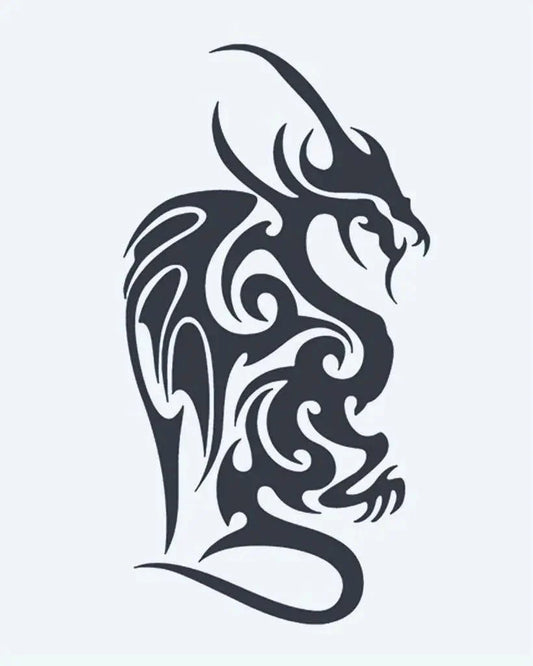 Winged Dragon semi-permanent tattoo design by INKON – majestic, tribal, dragon, ornate, wings illustration, 4 x 7 in (10x17cm), available at inkon.co