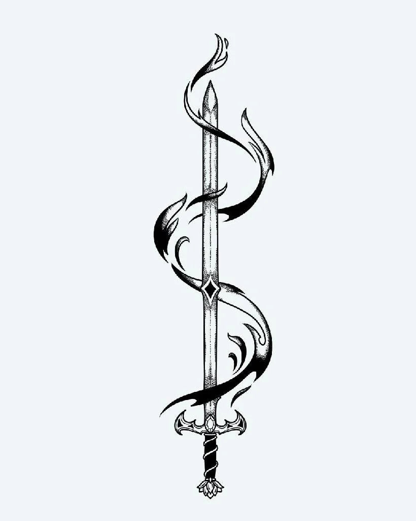 Sword & Dark Flames semi-permanent tattoo design by INKON – illustrative, blackwork, gleaming, longsword, enveloped illustration, 4 x 8 in (11x21cm), available at inkon.co