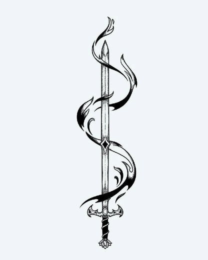 Sword & Dark Flames semi-permanent tattoo design by INKON – illustrative, blackwork, gleaming, longsword, enveloped illustration, 4 x 8 in (11x21cm), available at inkon.co