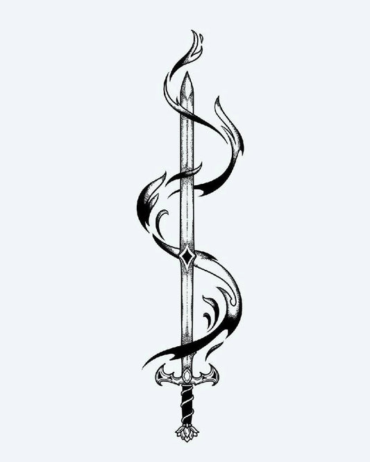 Sword & Dark Flames semi-permanent tattoo design by INKON – illustrative, blackwork, gleaming, longsword, enveloped illustration, 4 x 8 in (11x21cm), available at inkon.co