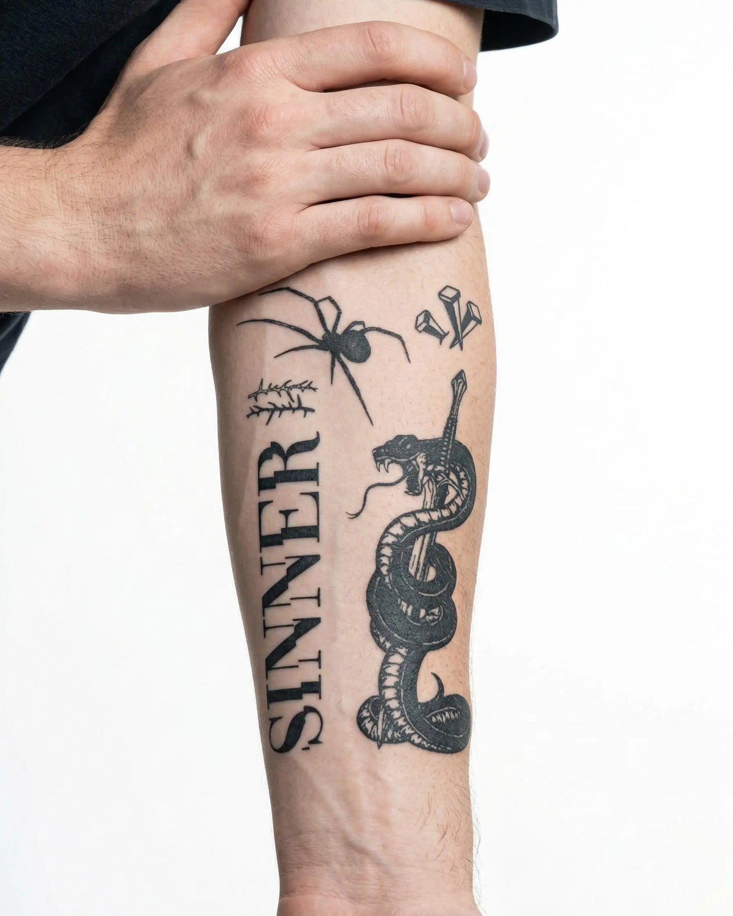 INKON Sinner Flash Sheet semi-permanent tattoo applied on a man – 4 x 7 in (10x17cm) design, realistic ink look, lasts 10 days