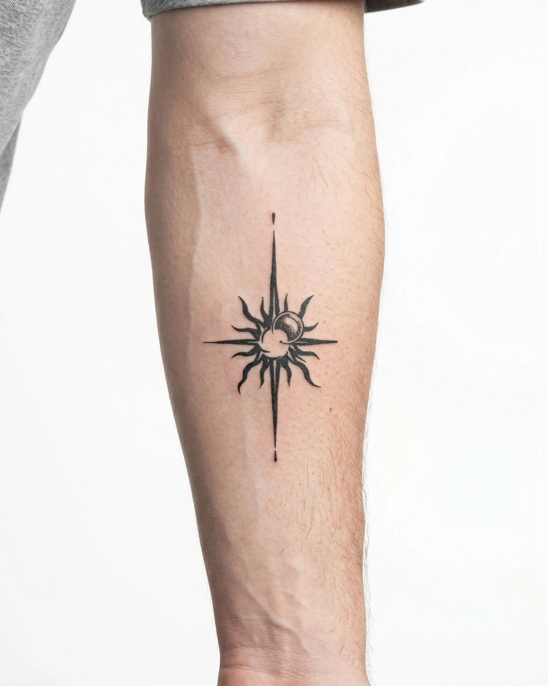 INKON Sun & Moon Compass semi-permanent tattoo applied on a man – 3 x 4 in (6x11cm) design, realistic ink look, lasts 10 days