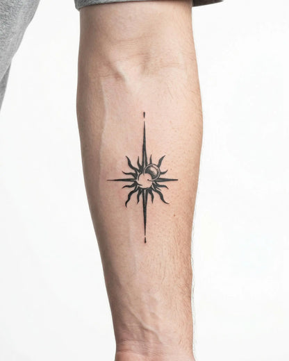 INKON Sun & Moon Compass semi-permanent tattoo applied on a man – 3 x 4 in (6x11cm) design, realistic ink look, lasts 10 days