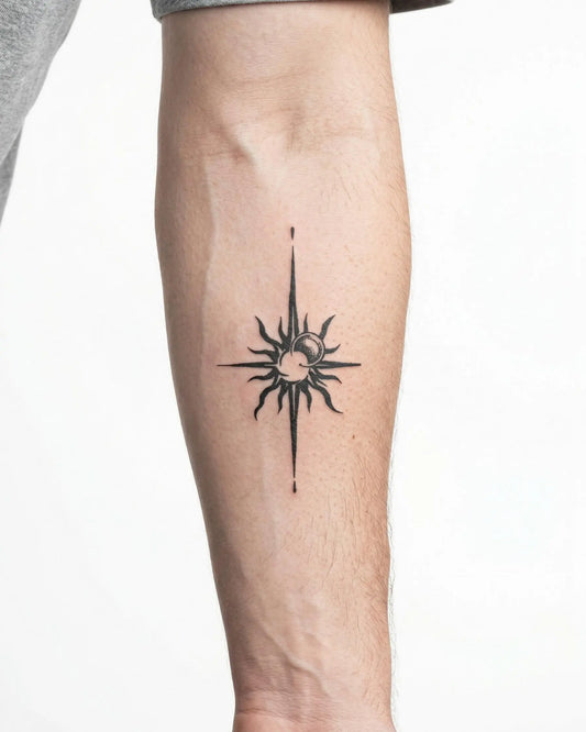 INKON Sun & Moon Compass semi-permanent tattoo applied on a man – 3 x 4 in (6x11cm) design, realistic ink look, lasts 10 days