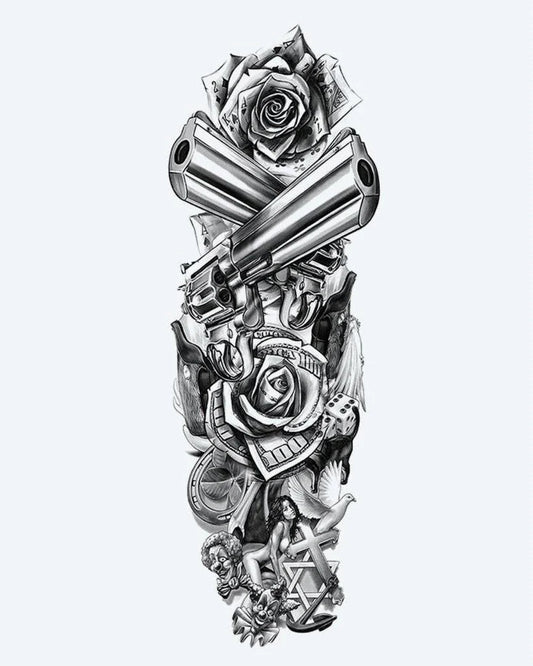 Revolvers & Roses semi-permanent tattoo design by INKON – full, sleeve, crossed, revolvers, roses illustration, 8 x 20 in (20x50cm), available at inkon.co