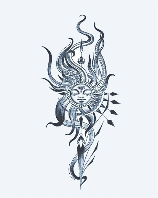 Celestial Sun Face semi-permanent tattoo design by INKON – ornate, serene, face, surrounded, flowing illustration, 4 x 7 in (10x17cm), available at inkon.co