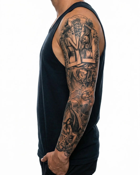 INKON Casino & Pin-Up Girls semi-permanent tattoo applied on a man – 8 x 20 in (20x50cm) design, realistic ink look, lasts 10 days