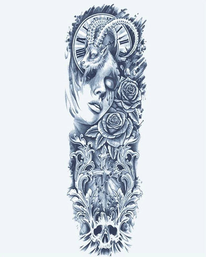 Ram Woman & Gothic Cross semi-permanent tattoo design by INKON – dark, alluring, full, sleeve, woman illustration, 8 x 20 in (20x50cm), available at inkon.co