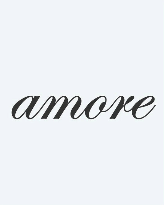 Amore Script semi-permanent tattoo design by INKON – word, amore, written, italic, calligraphy illustration, 2 x 2 in (5x5cm), available at inkon.co