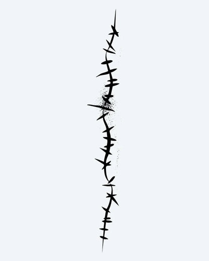 Barbed Wire Line semi-permanent tattoo design by INKON – barbed, wire, vertical, line, gritty illustration, 4 x 8 in (11x21cm), available at inkon.co