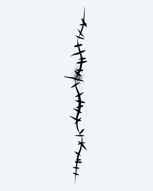 Barbed Wire Line semi-permanent tattoo design by INKON – barbed, wire, vertical, line, gritty illustration, 4 x 8 in (11x21cm), available at inkon.co