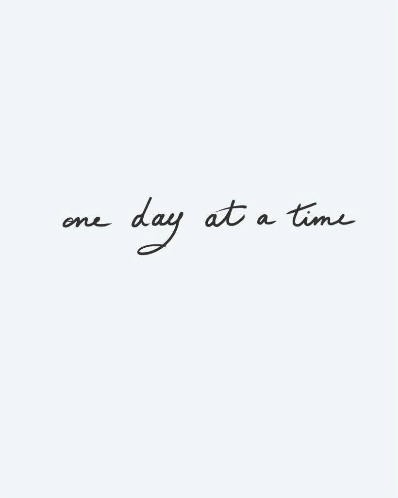 One Day at a Time semi-permanent tattoo design by INKON – handwritten, phrase, time, flowing, cursive illustration, 3 x 4 in (6x11cm), available at inkon.co