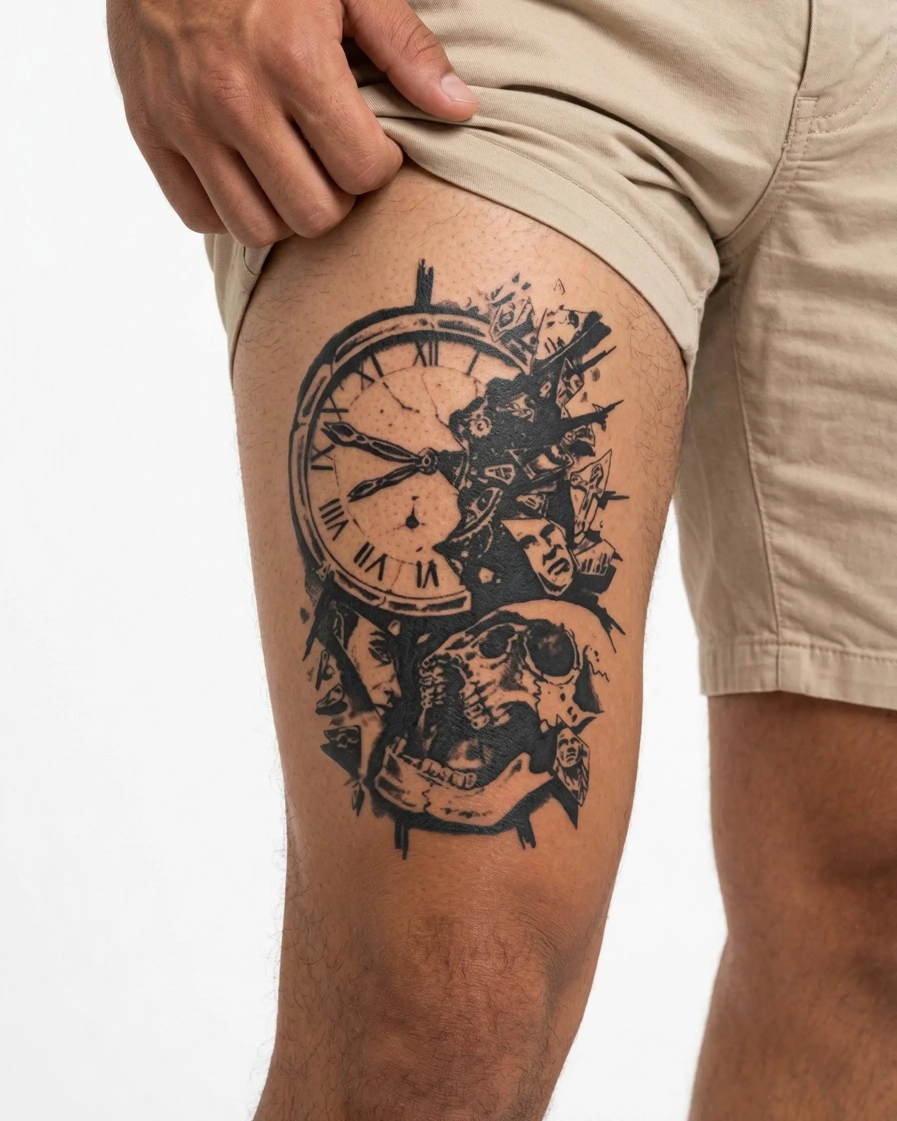 INKON Shattered Clock & Skull semi-permanent tattoo applied on a man – 4 x 7 in (10x17cm) design, realistic ink look, lasts 10 days