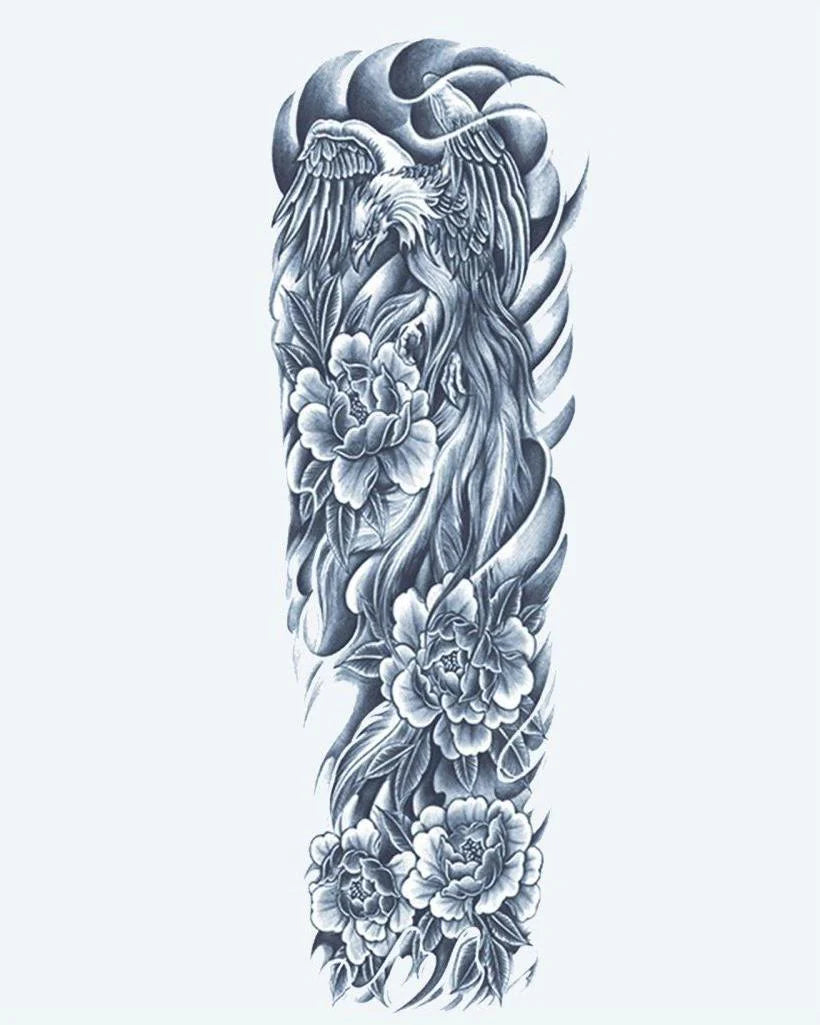Phoenix & Peonies semi-permanent tattoo design by INKON – graceful, full, sleeve, phoenix, flight illustration, 8 x 20 in (20x50cm), available at inkon.co