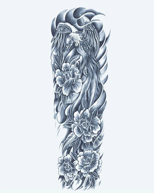 Phoenix & Peonies semi-permanent tattoo design by INKON – graceful, full, sleeve, phoenix, flight illustration, 8 x 20 in (20x50cm), available at inkon.co
