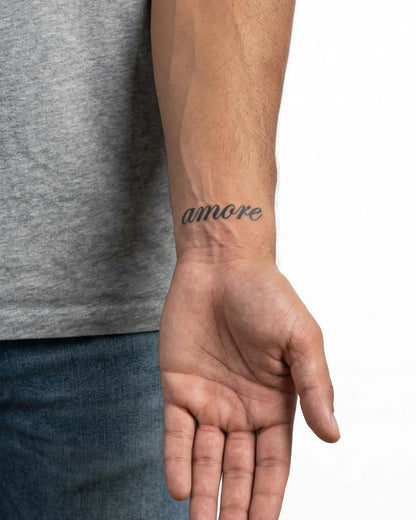 INKON Amore Script semi-permanent tattoo applied on a man – 2 x 2 in (5x5cm) design, realistic ink look, lasts 10 days