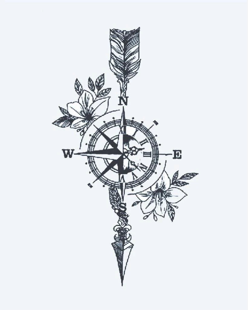 Floral Compass & Arrow semi-permanent tattoo design by INKON – nautical, compass, arrow, blooming, flowers illustration, 3 x 4 in (6x11cm), available at inkon.co