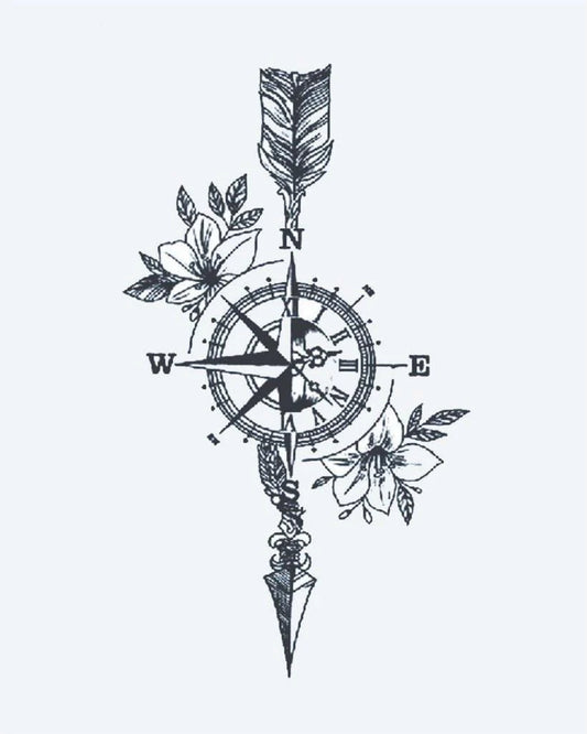 Floral Compass & Arrow semi-permanent tattoo design by INKON – nautical, compass, arrow, blooming, flowers illustration, 3 x 4 in (6x11cm), available at inkon.co
