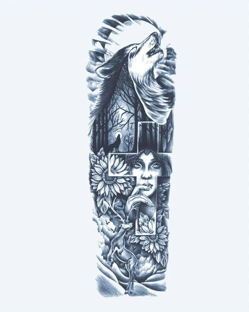Howling Wolf & Forest Woman semi-permanent tattoo design by INKON – evocative, full, sleeve, howling, wolf illustration, 8 x 20 in (20x50cm), available at inkon.co