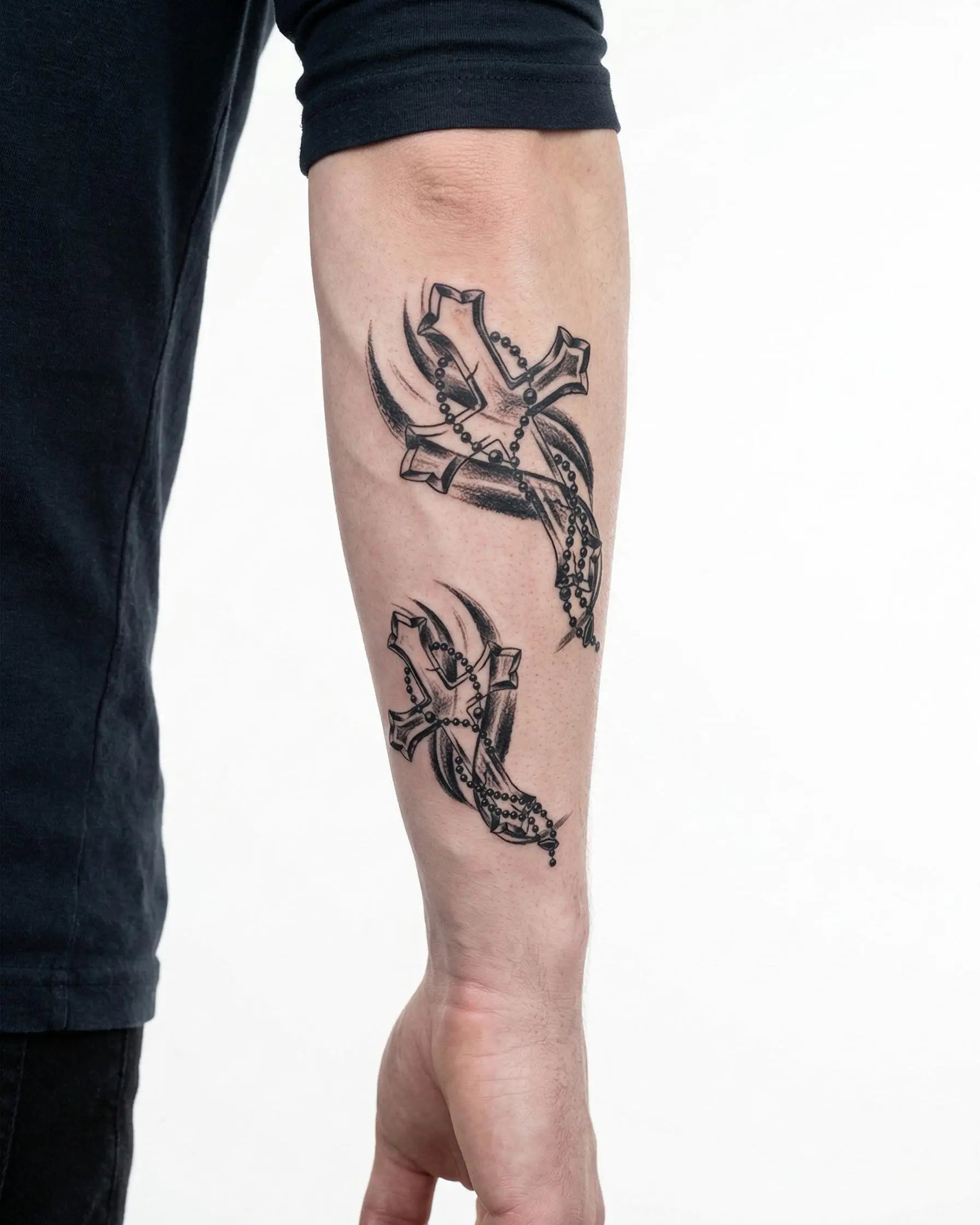 INKON Crosses & Rosary semi-permanent tattoo applied on a man – 4 x 7 in (10x17cm) design, realistic ink look, lasts 10 days